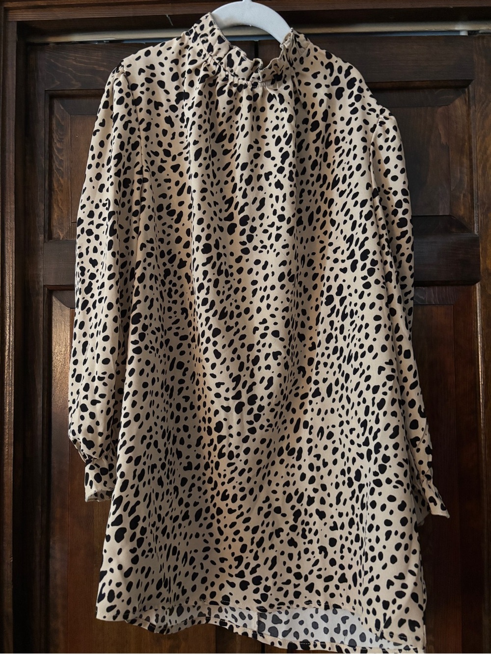 Beige and Black Dalmatian-Print Ruffled Neck Blouse